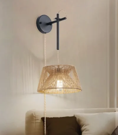 Rattan Wall Sconce Lighting, Boho Vintage Wall Mount Lamp with Wooden Shade, Farmhouse Rustic Indoor Wall Light for Bedroom