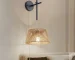 Rattan Wall Sconce Lighting, Boho Vintage Wall Mount Lamp with Wooden Shade, Farmhouse Rustic Indoor Wall Light for Bedroom