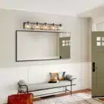 40" Farmhouse Vanity Light Fixture, 5-Light Bathroom Wall Sconce with Clear Seeded Glass Shades, Black and Wood Grain Finish