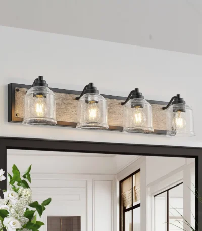 32" Farmhouse Vanity Light Fixture, 4-Light Bathroom Wall Sconce with Clear Seeded Glass Shades (No Bulbs)