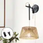 Rattan Wall Sconce Lighting, Boho Vintage Wall Mount Lamp with Wooden Shade, Farmhouse Rustic Indoor Wall Light for Bedroom