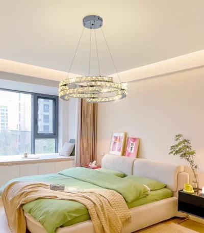3-Ring Crystal Chandelier, Dimmable Pendant Light with Remote, Adjustable Height Ceiling Light for Living Room, Dining Room