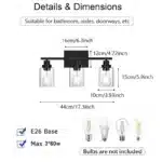 Modern bathroom vanity light with matte black iron body and glass shade, warm white LED glow