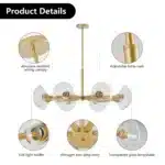 US Stock Free Shipping Modern 8-Light Gold Chandelier Glass Shade Hanging Pendant Ceiling Light for Living Room Entryway