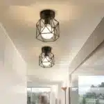 Industrial Farmhouse Flush Mount Ceiling Light Black Geometric Metal Cage E26 for Kitchen Corridor Room (Bulb Not Included)