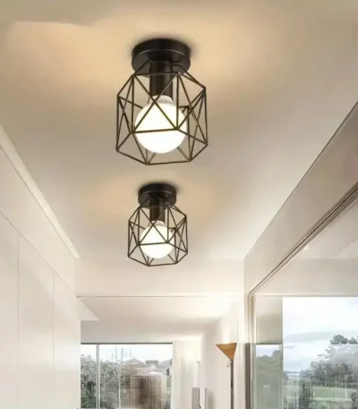 Industrial Farmhouse Flush Mount Ceiling Light Black Geometric Metal Cage E26 for Kitchen Corridor Room (Bulb Not Included)
