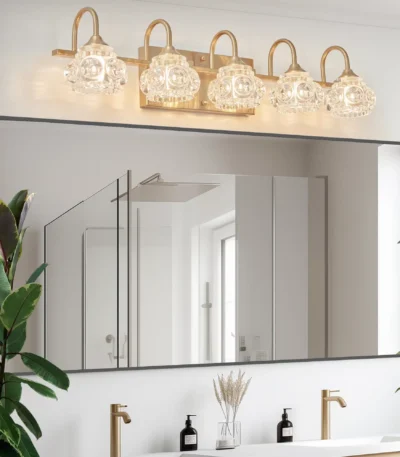 29" Modern Crystal Bathroom Vanity Light,5-Light Golden Wall Sconce with Clear Glass Shade, Elegant Wall Mount Lighting No