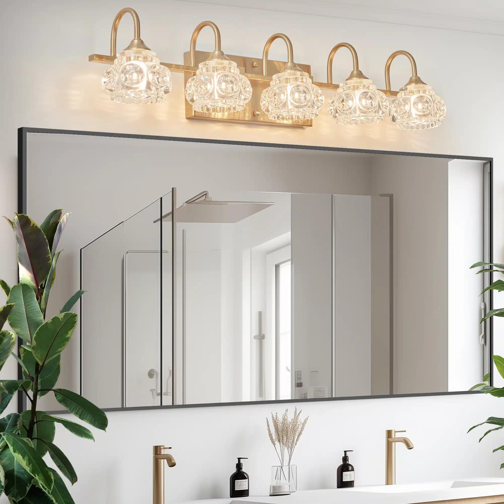 29" Modern Crystal Bathroom Vanity Light,5-Light Golden Wall Sconce with Clear Glass Shade, Elegant Wall Mount Lighting No