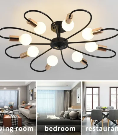 8-Light Semi Flush Ceiling Light, Modern Sputnik Chandelier, Industrial Vintage Metal Pendant Lamp for Kitchen Dining