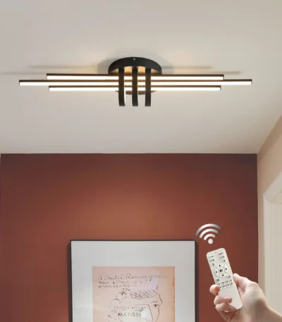 3-Light Semi Flush Mount Ceiling Light,Industrial Geometric Linear Black Light for Living Room with Remote Control (80cm)