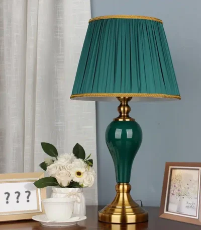OUDELADI Chinese Style Green Ceramic Table Lamps European Cloth Cover Living Room Bedroom Bedside Study Decor Table Lamp