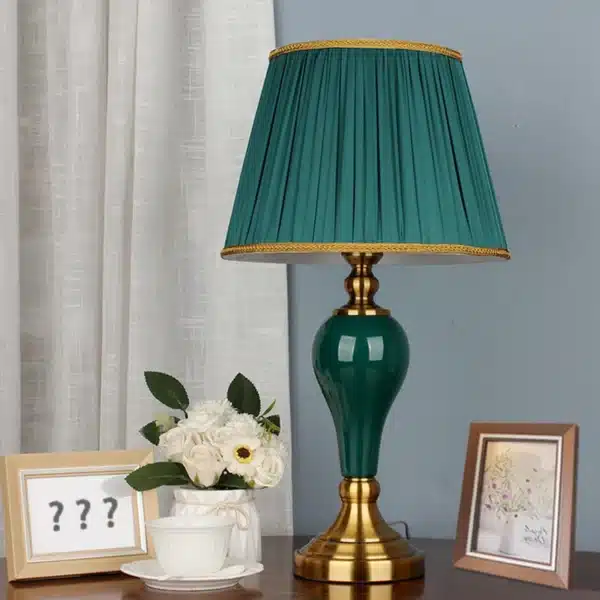 OUDELADI Chinese Style Green Ceramic Table Lamps European Cloth Cover Living Room Bedroom Bedside Study Decor Table Lamp