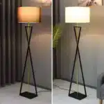 Modern floor lamp with iron frame and fabric shade in a contemporary living room