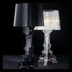 Modern acrylic table lamp glowing softly on a bedside table in a contemporary bedroom