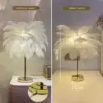 Ostrich feather table lamp glowing warmly on a bedside table in a cozy bedroom