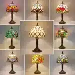 Vintage table lamp with handmade colored glass shade casting warm ambient light
