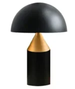 Modern mushroom table lamp with metal shade and wood base on bedside table