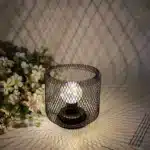 Decorative bird cage lamp with warm LED light, iron frame, and silk screen details on a bedside table