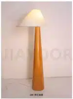 Conical oak floor lamp with wabi-sabi style in a cozy living room