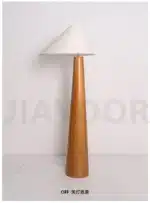 Conical oak floor lamp with wabi-sabi style in a cozy living room