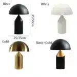 Modern mushroom table lamp with metal shade and wood base on bedside table