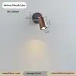 Walnut bedside wall light with adjustable spotlight and zipper switch in a cozy bedroom