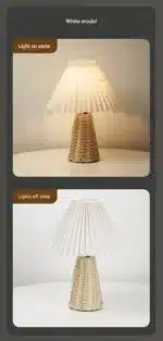 Handmade rattan bedside lamp with pleated shade on vintage nightstand
