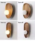 Vintage wall sconce with wooden backplate and clear glass shade, warm light