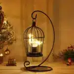 Vintage table lamp with hanging lantern and candlestick design, metal hollow lanterns for warm ambient lighting