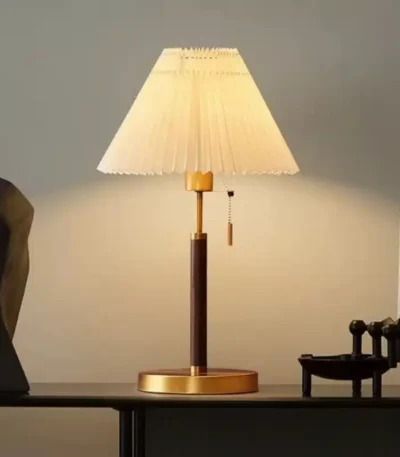 American Bedroom desk lamp, retro drawstring bedside lamp Decor Black Table Lamp Pleated Fabric Lampshade Gold Lighting