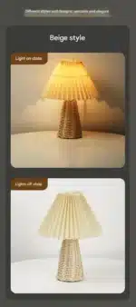 Handmade rattan bedside lamp with pleated shade on vintage nightstand