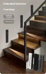 Motion sensor stair lights recessed in wooden steps glowing warm white