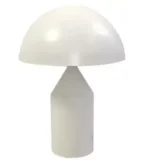 Modern mushroom table lamp with metal shade and wood base on bedside table