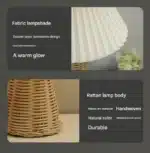 Handmade rattan bedside lamp with pleated shade on vintage nightstand