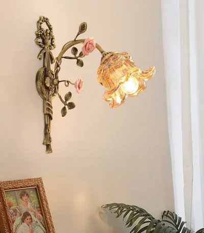 Vintage All Copper Wall Lamp Classical Luxury Flower Lamp Bedside Lamp Aisle Lamp LED Glass Lights Room Decor Lighting