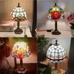 Vintage table lamp with handmade colored glass shade casting warm ambient light