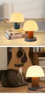 Nordic retro mushroom table lamp with warm LED glow on a bedside table