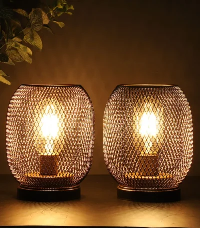 2Pcs Metal Cage Table Lamp Round Shaped LED Lantern Battery Powered Cordless Lamp for Weddings Party Home Decor Candle Holder