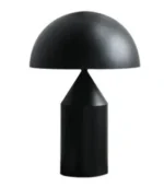 Modern mushroom table lamp with metal shade and wood base on bedside table
