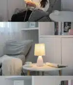 Milkshake bedside table lamp with warm LED light on a nightstand in a cozy bedroom