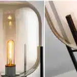Modern floor lamp with iron frame and glass shade in a cozy living room