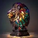 Colorful stained glass animal lamp featuring a cat design, glowing warmly on a bedside table