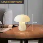 Elegant marble table lamp with soft glow on bedside table in bedroom