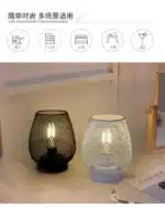 Decorative bird cage lamp with warm LED light, iron frame, and silk screen details on a bedside table