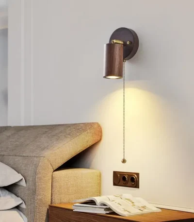 Japanese Walnut Wood Color Bedroom Bedside Wall Light Zipper Switch Vintage Retro Wall Lamp with Adjustable Spotlight Reading