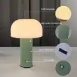 Modern mushroom table lamp with warm glow on wooden table