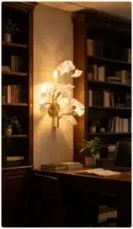 Luxury gold leaf sconce with modern ginkgo design illuminating a living room wall
