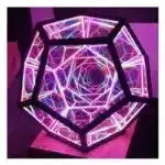 Dodecahedron gaming light with vibrant RGBW colors illuminating a gaming desk setup