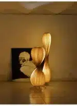 Wooden floor lamp with warm glow in a cozy living room