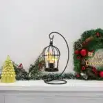 Vintage table lamp with hanging lantern and candlestick design, metal hollow lanterns for warm ambient lighting
